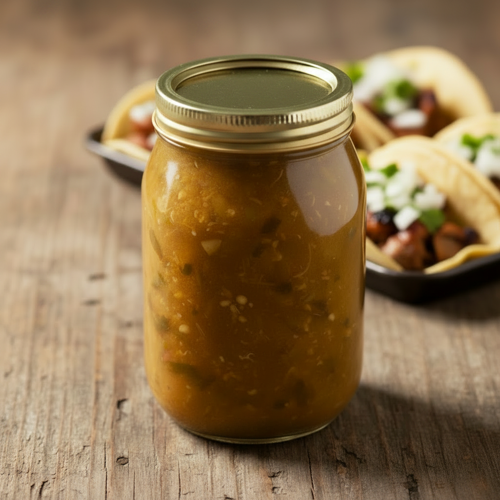 A glass jar filled with chunky orange-brown salsa or chili sauce, sealed with a gold metal lid, shown against a plain white background.