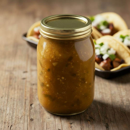 A glass jar filled with chunky orange-brown salsa or chili sauce, sealed with a gold metal lid, shown against a plain white background.
