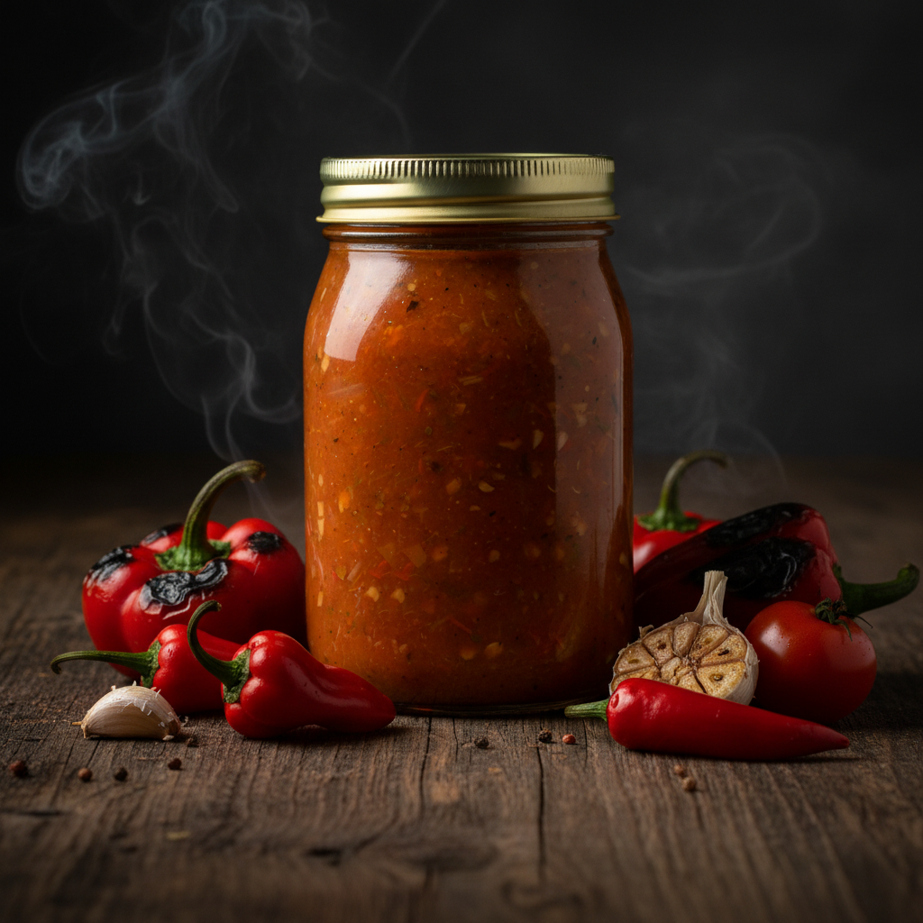 A clear glass jar filled with chunky orange-red salsa or chili sauce, topped with a gold metal screw lid, shown on a plain white background.