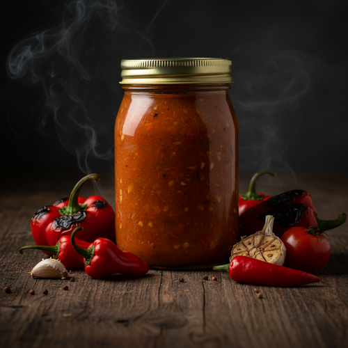 A clear glass jar filled with chunky orange-red salsa or chili sauce, topped with a gold metal screw lid, shown on a plain white background.